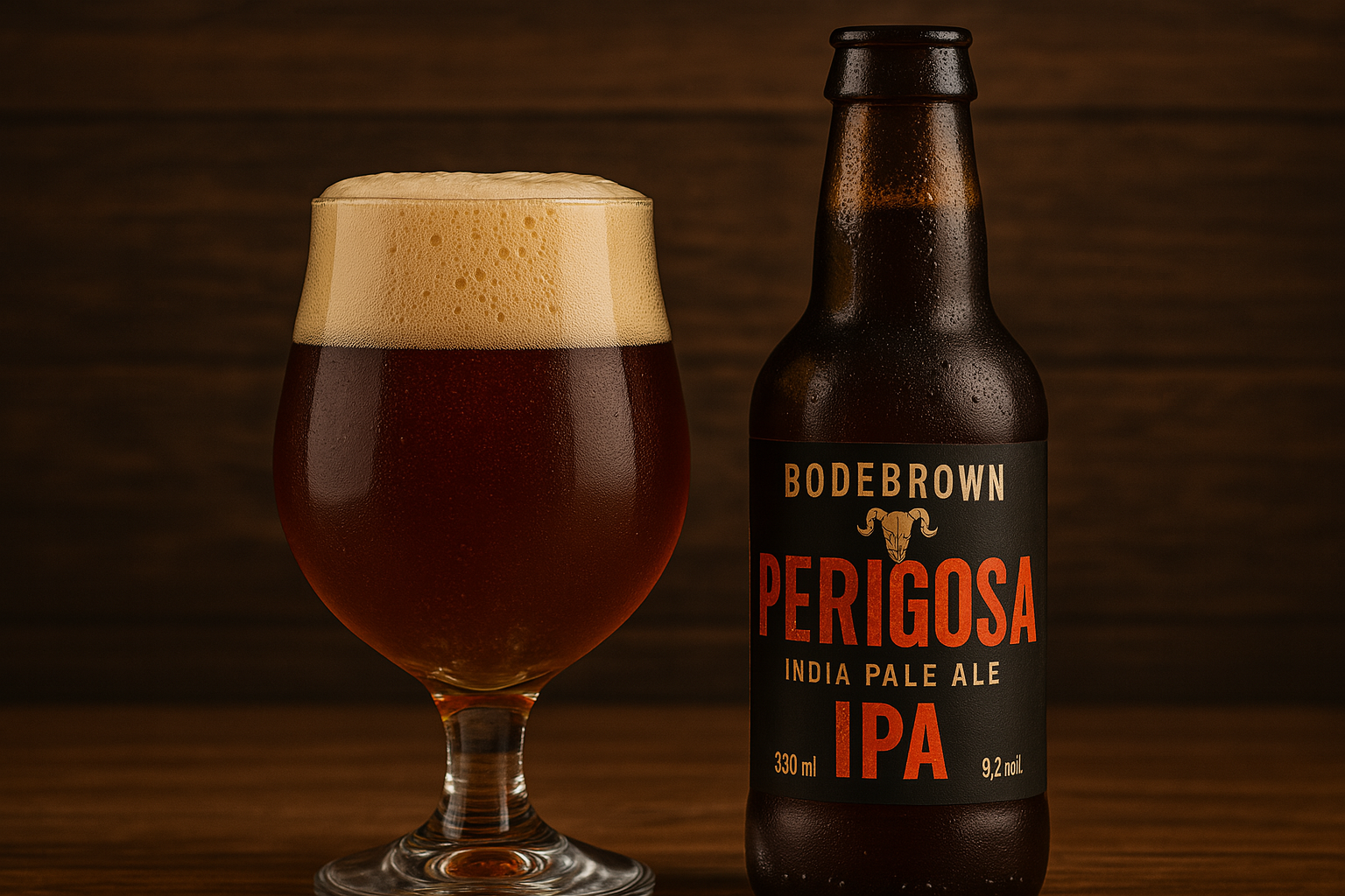 Cerveja Bodebrown Perigosa IPA servida em copo tulipa ao lado da garrafa