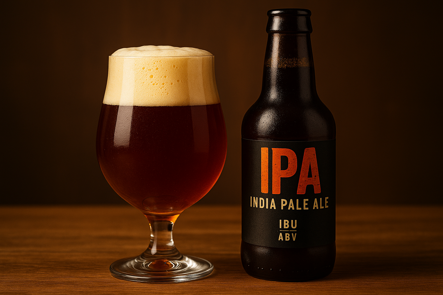 IBU: Copo de IPA âmbar com espuma cremosa ao lado de garrafa artesanal