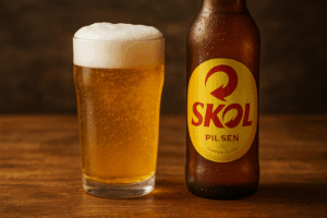 Garrafa de Skol Pilsen e copo cheio com cerveja gelada