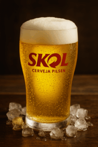 Cerveja Skol Pilsen gelada servida em copo com espuma cremosa